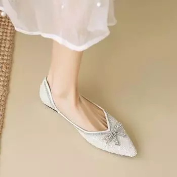 Weiwei girl 5933-16 pointed-toed single shoes women s flat-bottomed rhinestone one-pedal ladyshoes bow fairy style wedding shoes 35