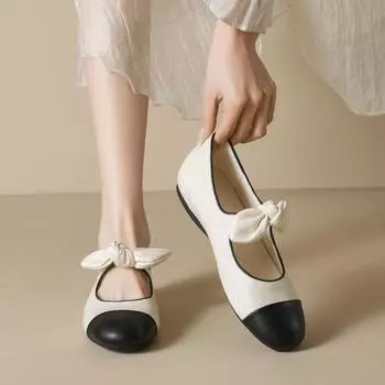 Weiwei girl 6533-1 French round head Mary Jane shoes bow black and white color matching light mouth flat sole shoes women 35 абрикосовый