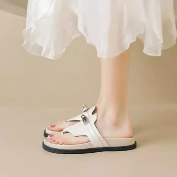 Weiwei girl 6920-1 тапочки на толстой подошве женская кожаная верхняя одежда летние сандалии на плоской подошве шлепанцы с замком 35 чёрный