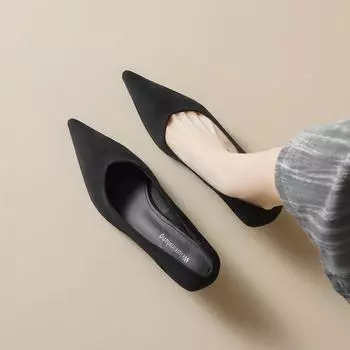 Weiwei Girl 739-2 Suede Pointed Single Shoes Women s Thin Heel Black Commuter Work Shoes Cat Heel Light Mouth High Heels 34