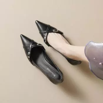 Weiwei Girl 739-5 остроносые одинарные туфли женские на тонком каблуке нишевый дизайн кошачий каблук крест с неглубоким отверстием на высоком каблуке мягкая подошва 34 чёрный