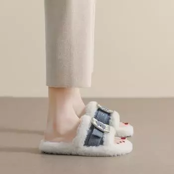 Weiwei girl 799-5 пушистая обувь на толстой подошве женская одежда осень и зима плюшевые интернет-знаменитости стразы джинсовые синие плюшевые тапочки 35 чёрный