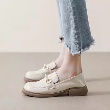 Weiwei Girl 800-1 Academy Style Small Leather Shoes Women s Pearl Retro Platform Loafers Women s British Style One Pedal 34 чёрный