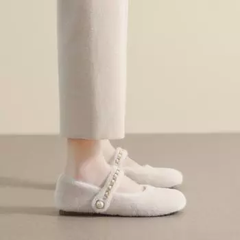 Weiwei girl 855-3 Mao Mao обувь женская верхняя одежда для сохранения тепла 2024 новый однословный пояс бархатные одинарные туфли на плоской подошве мягкая подошва 35 покинуть белый