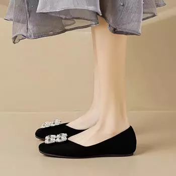 Weiwei girl 88-12 square head single shoes women s summer rhinestone versatile one-pedal commuter flats large size women s shoes 34 чёрный