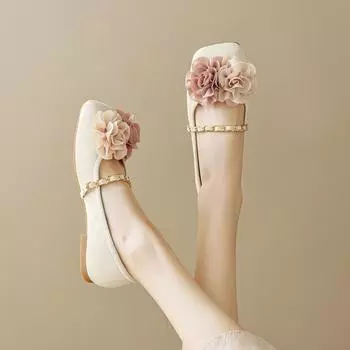 Weiwei girl 89-1 квадратная головка одиночные туфли женские плоские подошвы неглубокий рот слово с цветами французская фея стиль бабушки туфли женские 35 абрикосовый