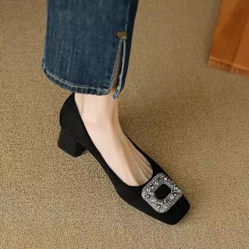 Weiwei girl 9811-2 французские туфли на высоком каблуке женственные со стразами одна педаль черные легкие туфли на толстом каблуке женские 34