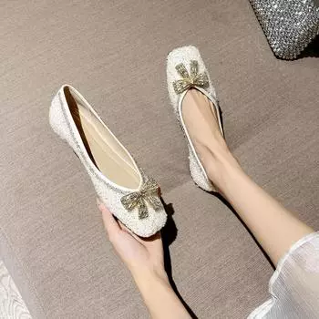 Weiwei women s 5933-9 square head single shoes women s flat bottom one-pedal bow rhinestone beanie shoes spring ladyshoes women 35