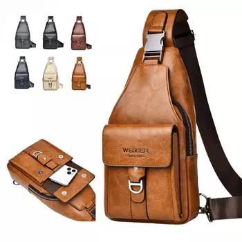 WEIXIER Мужская кожаная сумка-слинг через плечо, нагрудный рюкзак, дорожная сумка чёрный