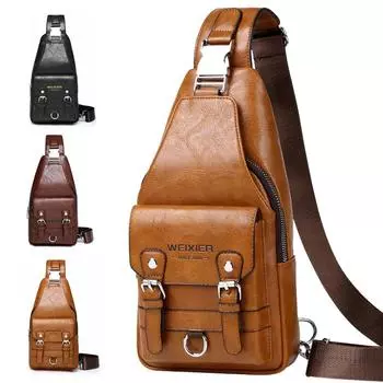WEIXIER Мужская кожаная сумка-слинг через плечо, нагрудный рюкзак, дорожная сумка чёрный
