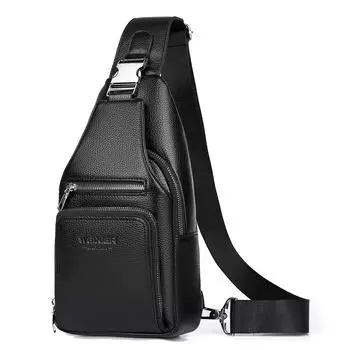 WEIXIER Мужская кожаная сумка-слинг через плечо, нагрудная сумка, водонепроницаемый повседневный рюкзак для путешествий, занятий спортом на открытом воздухе чёрный