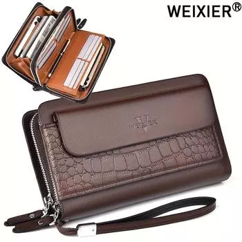 WEIXIER Мужской клатч Модный длинный кошелек из искусственной кожи с двойной молнией Деловой кошелек Черный Коричневый Мужской Повседневная удобная сумка чёрный