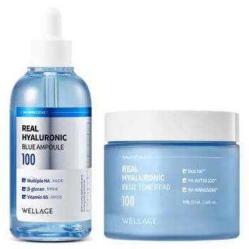 Wellage Real Hyaluronic Blue 100 ампул 100 мл + 70 подушечек синего тонера по 210 мл, набор, 1 комплект