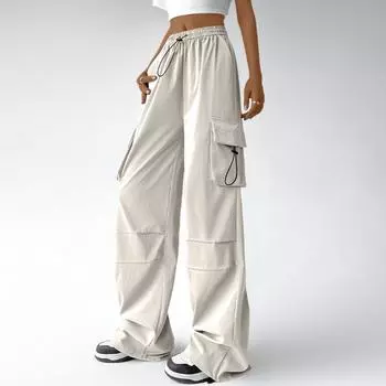 Wemon s Fashion Wide-Leg Paratrooper Cargo Pants High-Waisted Mountaineering Sports Pants Loose Pants XL бежевый