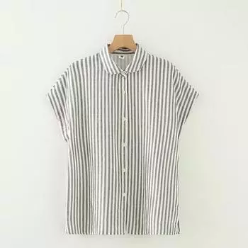 Wen Yan Japanese Style Summer Loose Flanging Double-Layer Cotton Yarn Short Sleeve Grey Stripes lapel M 40.00 kg-57.50 kg