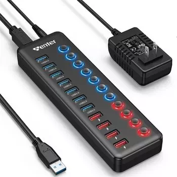 WENTER USB Hub Hub 7 портов 4 порта для зарядки 2023 Улучшенный AC Self Independent USB 5 Гбит/с High Оснащен светодиодом Высокая прочность 3.0 + [С адаптером,
