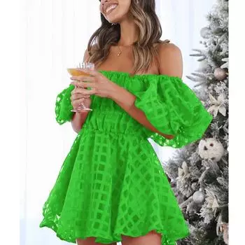 Wepbel летнее сексуальное платье-бандо с воротником-стойкой и открытыми плечами, модное короткое платье для женщин, однотонное милое платье с высокой талией XL чёрный