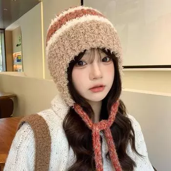 версия осень и зима новая шапка женская милая сестра вязаная шерстяная шапка зимняя теплая студенческая холодная шапка с ушками толстая M56-58cm