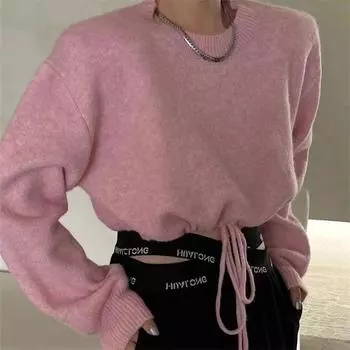 версия простого ленивого стиля однотонный маленький свитер женский осенне-зимний модный круглый вырез на шнурке свободный свитер вязаный женский свитер One Size белый