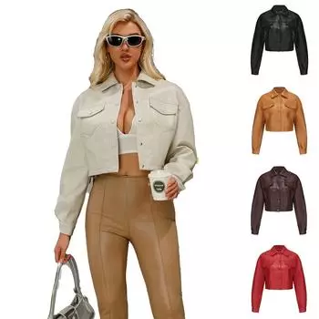 весенне-осенняя свободная повседневная кожаная куртка женская с длинными рукавами однобортная женская короткая куртка с лацканами европейская и модная S чёрный