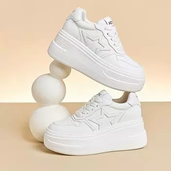 весенние новые кожаные женские туфли на толстой подошве, увеличивающие рост, белые туфли, женские универсальные спортивные туфли на подошве-бублике, повседневная обувь для детей 34 чёрный