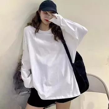 весна чистый хлопок длинный O-образный вырез женские нижние футболки осень Харадзюку однотонные большие футболки белые топы y2k унисекс уличная одежда M