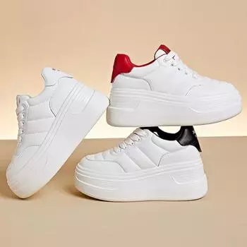 весна новые кожаные женские туфли повседневные толстая подошва внутренняя высота увеличение белые туфли студенты транспорт универсальная спортивная обувь дети 34 чёрный