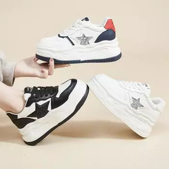 весна новые кожаные женские туфли толстая подошва внутренняя высота увеличивается маленькие белые туфли детские универсальные плоское дно неглубокий носок повседневные 34 чёрный