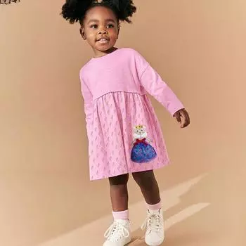 весна осень 100% хлопок мультфильм вышивка повседневное платье для девочки листья лотоса рукава свободная юбка милый розовый платья для девочек детская одежда 2Y