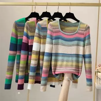 весна осень базовый джемпер топы женские ребристые мягкие квадратные воротники эластичный пуловер радужная полоска тонкий джемпер свитера One Size