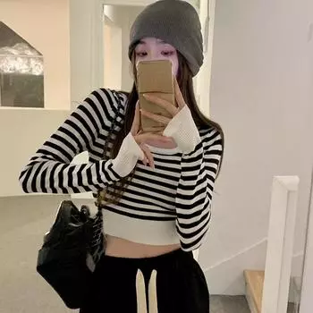 весна осень черный синий свитера женские полосатые трикотажные сексуальные свитера с круглым вырезом Femme Y2k с длинным рукавом пуловер укороченный топ модная одежда One Size