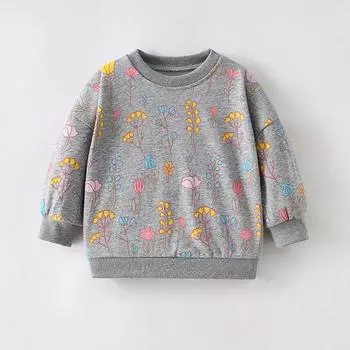 весна осень чистый хлопок милый цветочный принт толстовка с капюшоном для девочки свитер Детская одежда футболки с длинным рукавом для девочек свободные серые топы толстовки 2Y