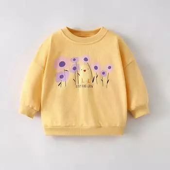 весна осень чистый хлопок милый цветочный принт толстовка с капюшоном для девочки пуловер Детская одежда футболки с длинным рукавом для девочек свободные желтые топы толстовки 2Y