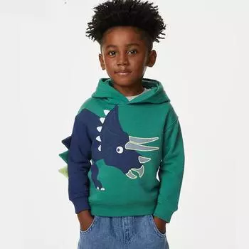 весна осень чистый хлопок милый мультяшный динозавр принт толстовка с капюшоном мальчик свитер Детская одежда с длинным рукавом мальчики универсальные топы с капюшоном толстовки 2Y