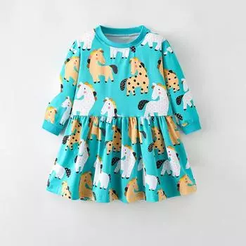 весна осень чистый хлопок мультяшный принт платье для девочки длинный рукав свободная юбка милые платья для девочек детская одежда 2Y