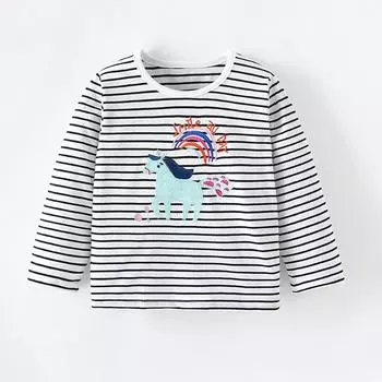 весна осень чистый хлопок полосатый мультфильм вышивка футболка девочка ребенок детская одежда длинные рукава футболки для девочек свободные топы футболки 2Y