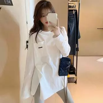 весна осень чистый хлопок женские футболки однотонные боковые карманы футболка Harajuku повседневная свободная нижняя часть рубашка y2k топы одежда женская уличная одежда M белый