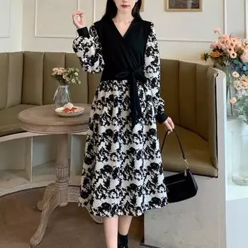 весна осень цвет подходящего облегающего платья женские длинные рукава черные макси платья для женщин корейские поддельные две части вечерние платья M