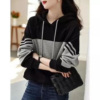 весна осень цветные блоки с капюшоном толстовка женская полосатая свободная повседневная тонкая толстовка с капюшоном с длинным рукавом толстовки женские черные топы M
