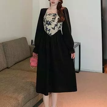 весна осень Длинные рукава черное макси платье корейский цвет поддельные две части повседневные тонкие женские платья женские свадебные платья M