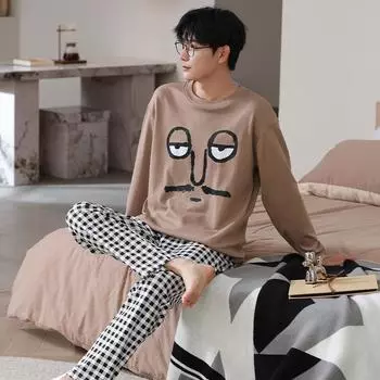 весна осень досуг эластичный пояс для мальчиков пижамы смешной принт мужской пижамный комплект клетчатая ночная рубашка с длинным рукавом пижамы домашняя одежда одежда M