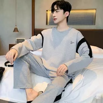 весна осень досуг мужской пижамный комплект хлопок молодые мальчики пижамы с длинным рукавом ночная рубашка пижамные комплекты мужские плюс размер 5XL 6XL домашняя одежда одежда L серый