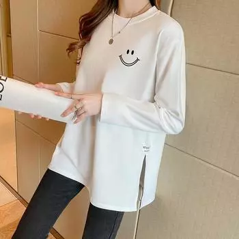 весна осень Harajuku чистый хлопок длинный рукав футболки с надписями женская повседневная свободная футболка с боковыми разрезами уличная одежда Y2k эстетичные топы M