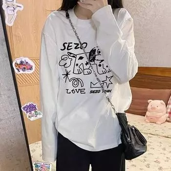 весна осень Kawaii футболка женская симпатичная аниме с длинным рукавом оверсайз топы повседневные элегантный стиль O-образный вырез универсальные женские винтажные футболки M