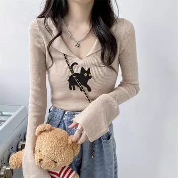 весна осень милый мультфильм свитер поло воротник свитер повседневный y2k топы с длинными рукавами трикотажные нижние свитера женские джемперы One Size