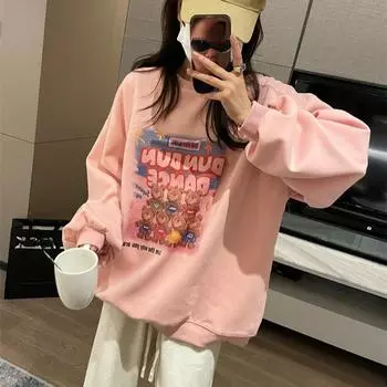 весна осень мода милый мультфильм принт женские толстовки тонкие толстовки винтажные с круглым вырезом длинные рукава повседневные свободные женские пуловеры розовые топы M розовый