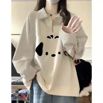 весна осень мода милый мультфильм принт женские толстовки тонкие толстовки винтажный воротник поло длинные рукава повседневные свободные женские пуловеры розовые топы S абрикосовый