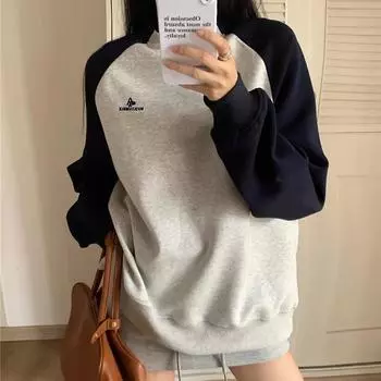 весна осень мода вышивка букв цветные блоки женские толстовки тонкие свитшоты винтажные с круглым вырезом длинные рукава повседневные свободные женские пуловеры топы S серый