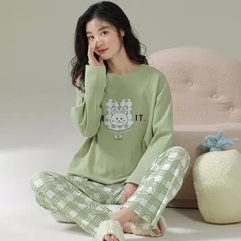 весна осень новые хлопковые пижамные комплекты с длинным рукавом принт с изображением кролика из мультфильма пижамы элегантные женские пижамы для отдыха домашняя пижама Mujer M