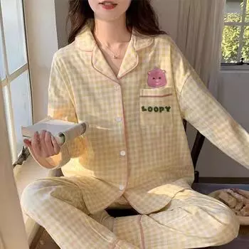 весна осень пижамный комплект с длинным рукавом пижамы женские пуговицы пижамы комплекты мультфильм принт с брюками домашняя одежда женские пижамные костюмы M